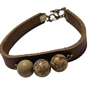 Boho Brown Leather Bracelet Tan Natural Stone Beads Fashion Jewelry Women